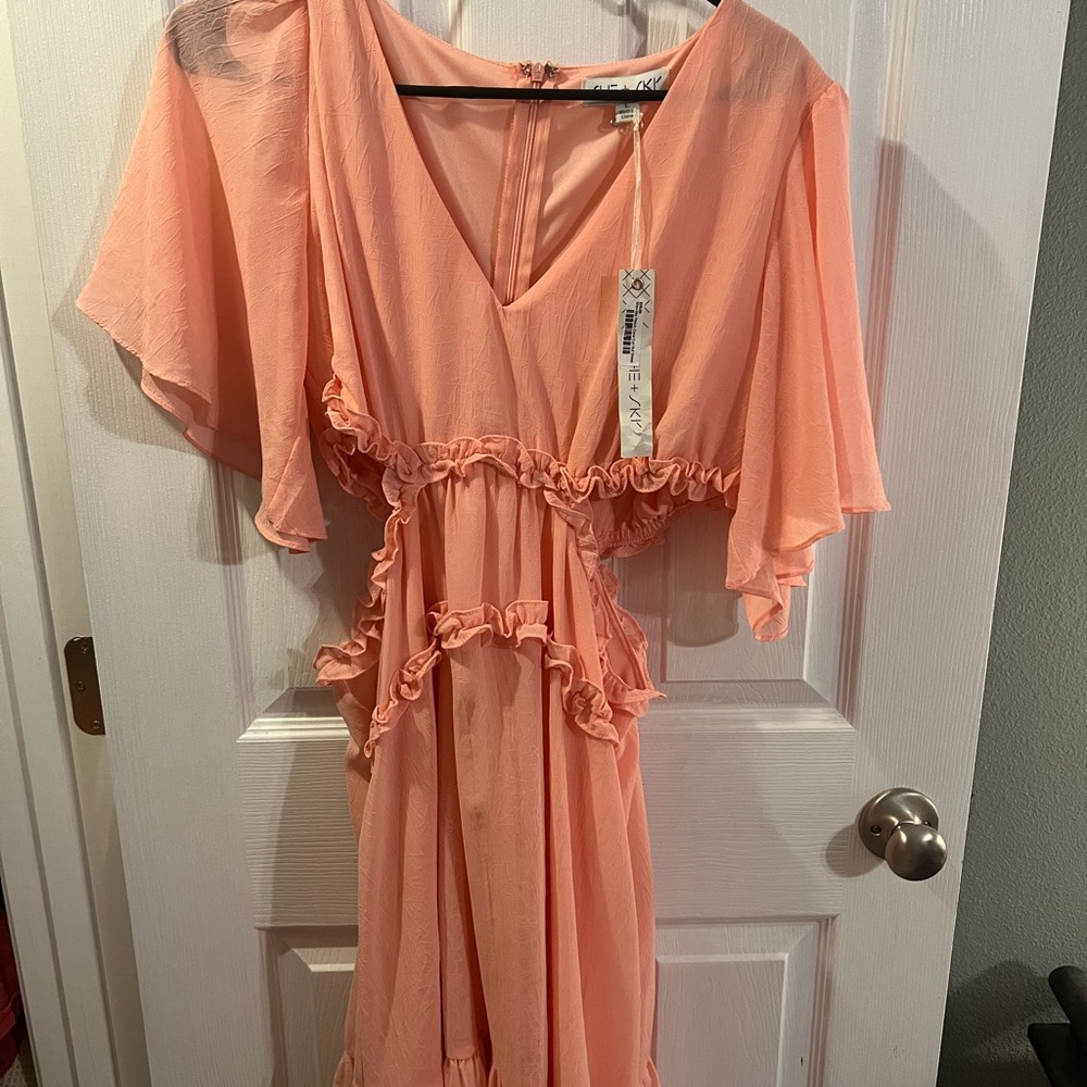 She and Sky Peach Ruffle Mini Dress